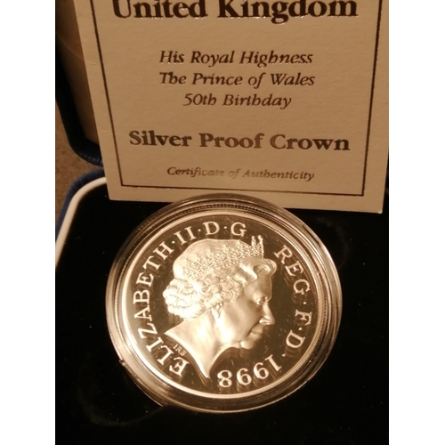 35A - 1998 silver proof 5 pounds coin Prince Charles 50th birthday) in blue presentation box