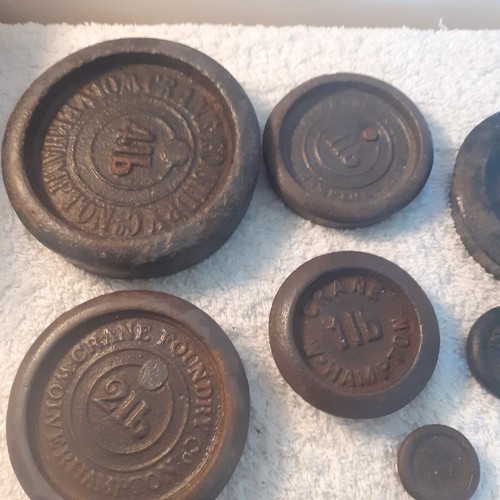 22 - Cast iron weights some larger ones stamped from the Crane foundry Wolverhampton. One additional 2lb ... 