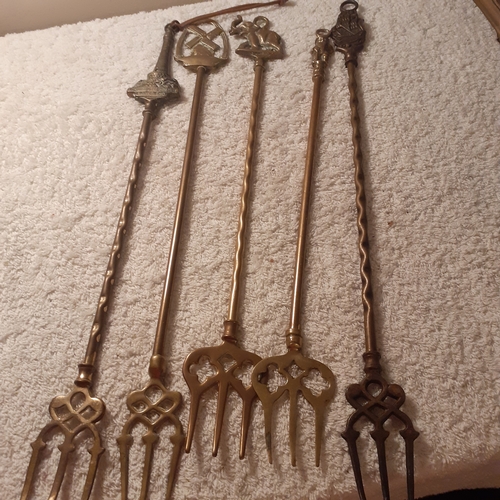 30 - 5 brass toasting forks with decorative handles including a windmill, elephant,  ship and more