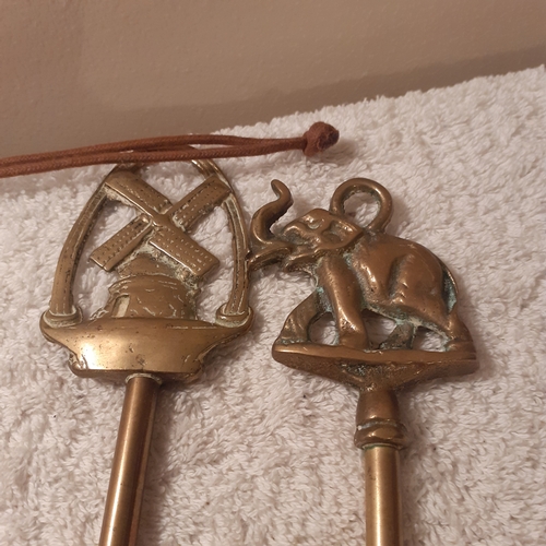 30 - 5 brass toasting forks with decorative handles including a windmill, elephant,  ship and more