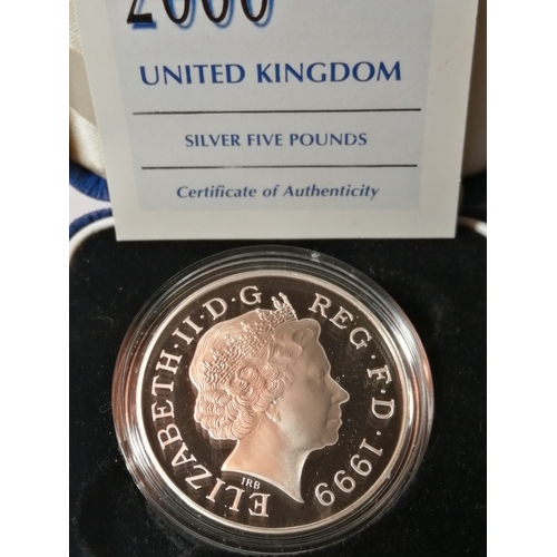 32A - 2000 Millennium silver proof 5 pounds coin in blue presentation box