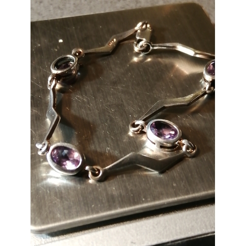 26A - Silver bracelet set with 4 purple gemstones 7.35 grams
