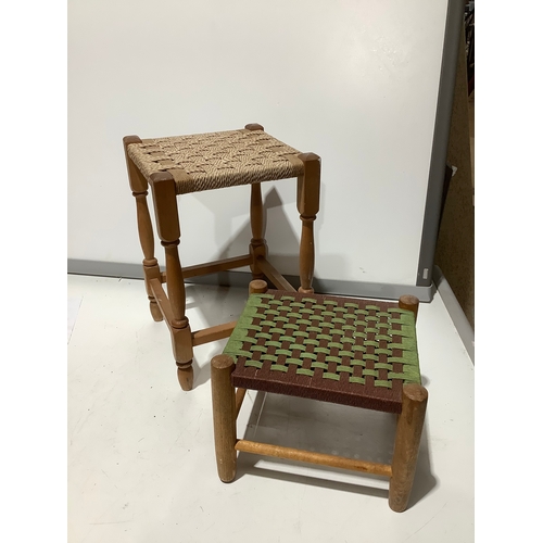 33 - 2x small wooden woven stools