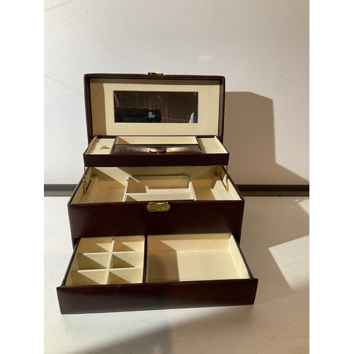 38 - Leather jewellery box with drawer that opens as lid lifts up