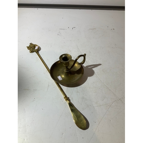 39 - Brass candle handle & decorative horse whip