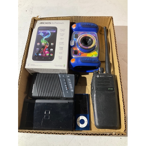 127 - Selection of mixed items including Archos mobile, small grundig radio, Apple iPod , child’s camera a... 