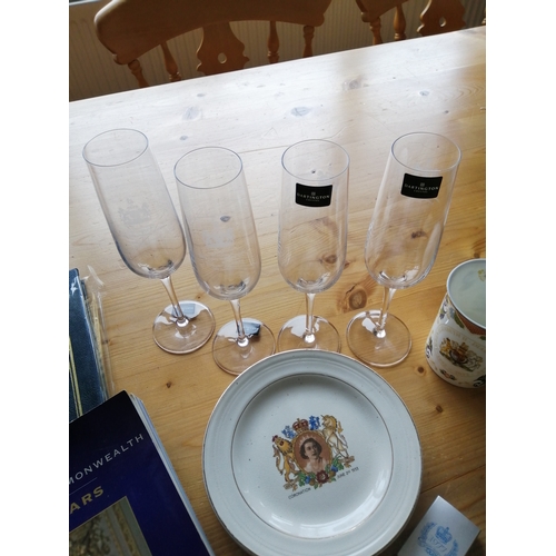 44A - Collection of royal family commemorative ware including china, books and Dartington glasses