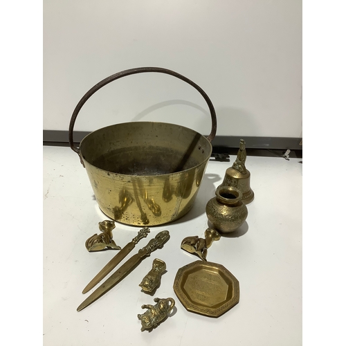 16 - Large brass handled dish & various other brass ornaments - approx 10kg in weight