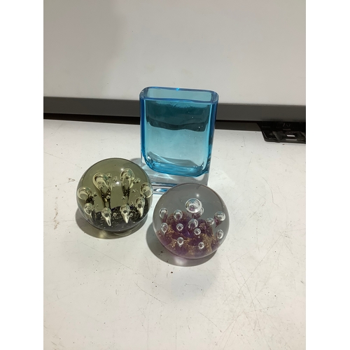 28 - Large glass paper weights & glass blue vase