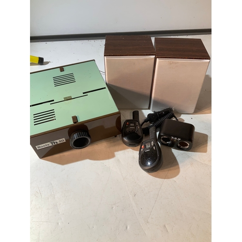 223 - Boots slide projector, walkie talkies, speakers & car cigarette stub