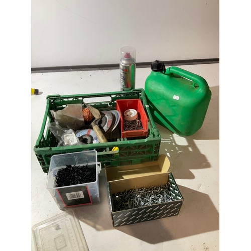 170 - Tray of mixed items petrol can nails brake cleaner string