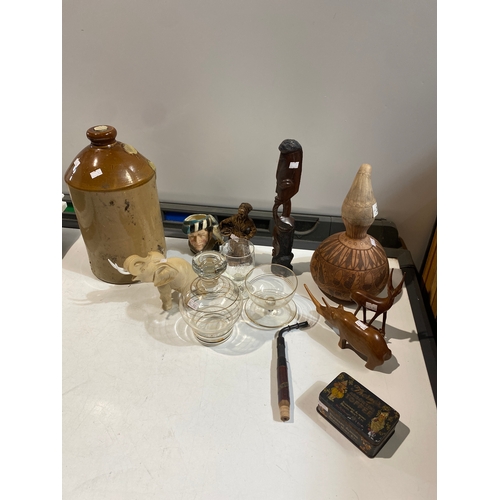 188A - Mixed lot inc wooden animals, glass decanter, Toby jug, drinking vessels & more