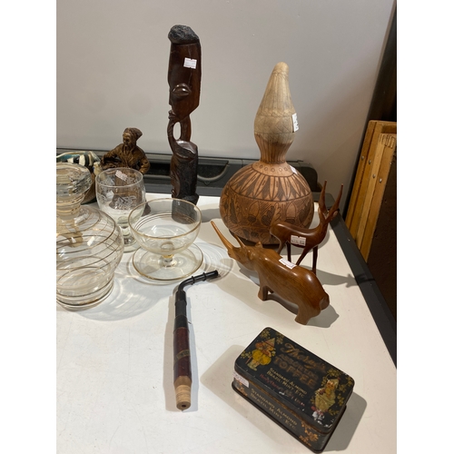 188A - Mixed lot inc wooden animals, glass decanter, Toby jug, drinking vessels & more