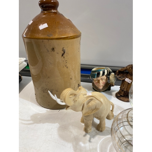 188A - Mixed lot inc wooden animals, glass decanter, Toby jug, drinking vessels & more
