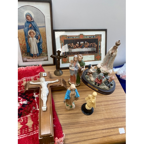 118 - Religious lot inc frame prints, prayer mat, brass crucifix & more