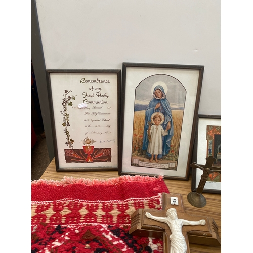 118 - Religious lot inc frame prints, prayer mat, brass crucifix & more