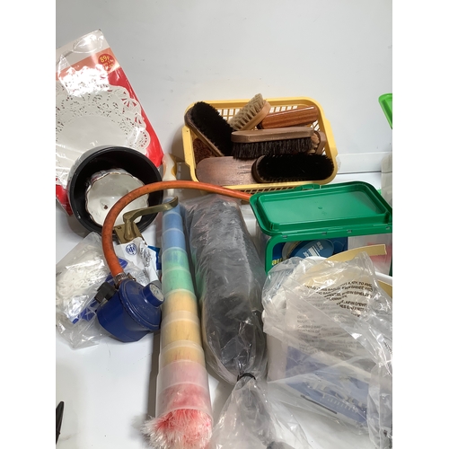 332 - Joblot box full of Feather duster ultimate easy leather care kit lots of screws, shoe polishing brus... 