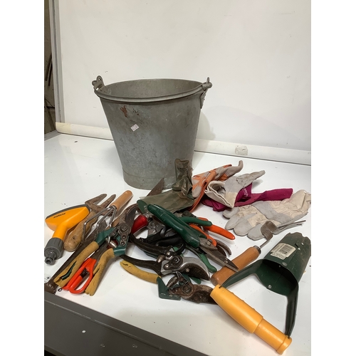 419 - Galvanised bucket filled with gardening gloves, gardening tools and more