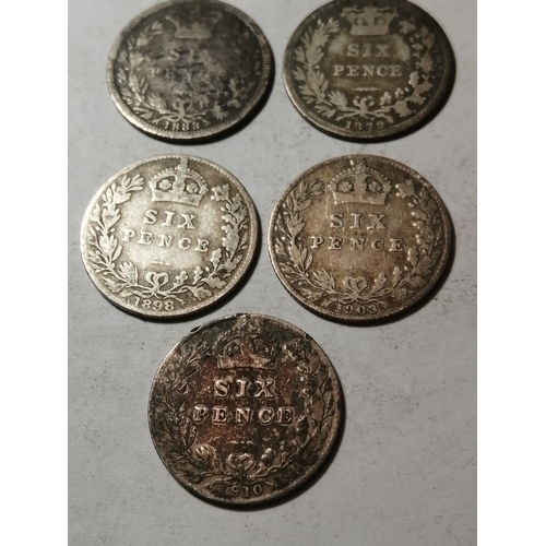 24A - 5 x silver sixpences dated : 1879 to 1910