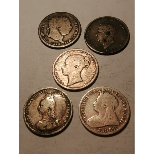 25A - 5 x silver shillings dated:1816,1826,1875,1887 and 1901 All about fine condition