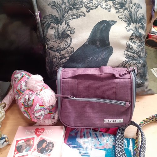 7 - Large lot of ladies items. Include a floral lamp, cushions, travel bag, handbags, silk scarves and m... 