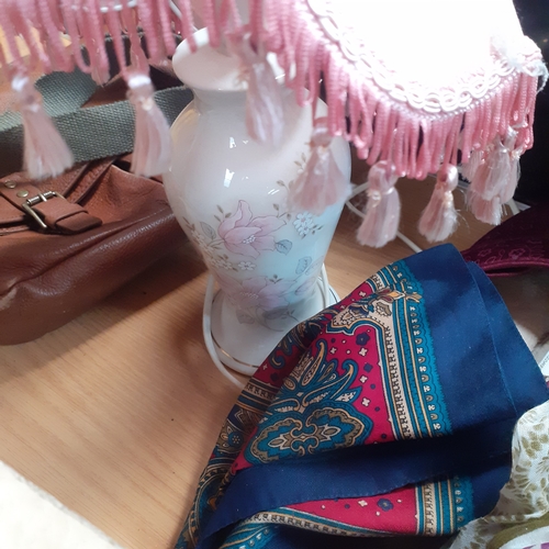 7 - Large lot of ladies items. Include a floral lamp, cushions, travel bag, handbags, silk scarves and m... 