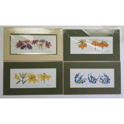 344A - 4 x flower prints in mount. Individually sealed. Size: 36 cm x 20 cm.