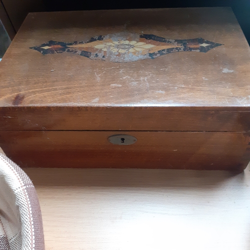 12 - Mixed lot consists of a vintage wooden box containing sewing items, a wooden jewellery box with draw... 