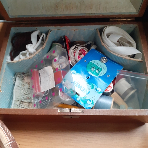 12 - Mixed lot consists of a vintage wooden box containing sewing items, a wooden jewellery box with draw... 