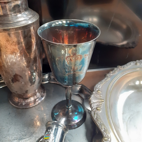 17 - A quantity of silver plate items and more, including a cocktail shaker,  goblets, a tray and more. N... 