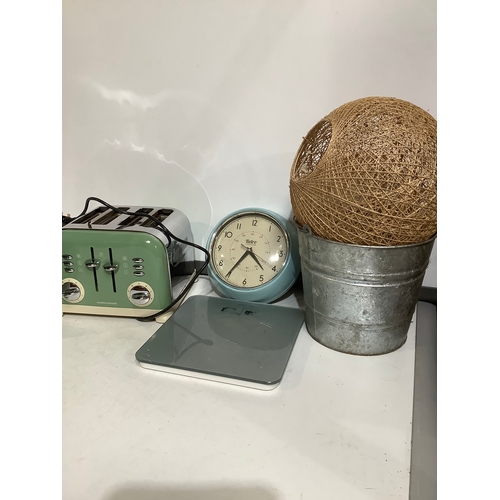 353 - Mixed lot - retro wall clock, Morphy Richards 4 slice toaster,bathroom scales, galvanised bucket lam... 