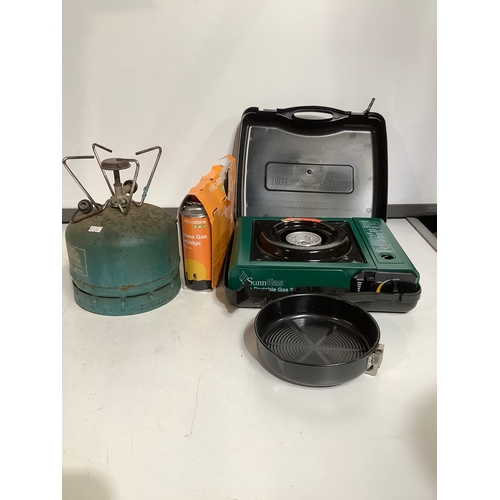 356 - Camping gas stove in case gas canisters and another camping stove