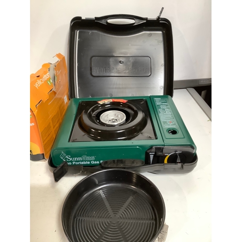 356 - Camping gas stove in case gas canisters and another camping stove