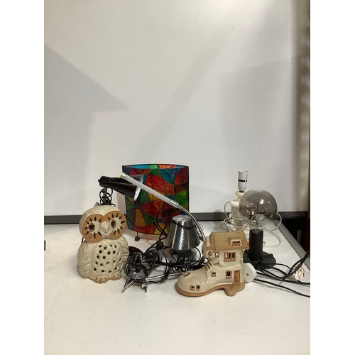 364 - Collection of lamps clip on lamps, owl and boot lamps plus an art deco colourful lamp