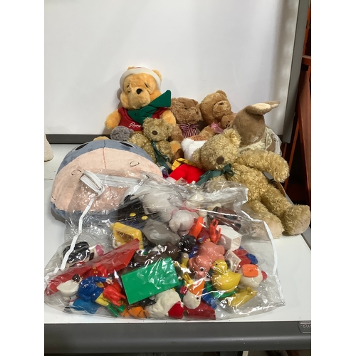 383 - Box of teddies including Winnie Pooh lots of toy figures and more