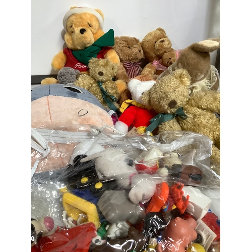 383 - Box of teddies including Winnie Pooh lots of toy figures and more