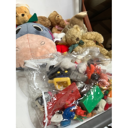 383 - Box of teddies including Winnie Pooh lots of toy figures and more