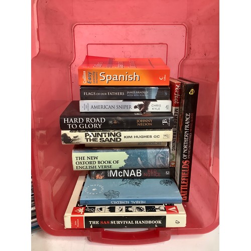 384 - Box of books and cds to include the new Oxford book of English verse, The SAS survival Hand book, th... 