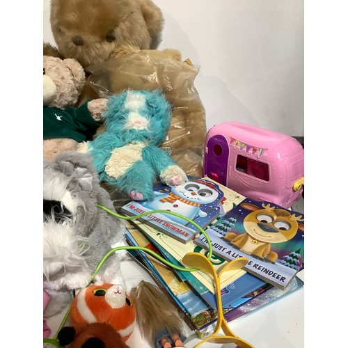 225 - Selection of children’s toys and books to include large fluffy teddies Chelsea dolls caravan and chi... 