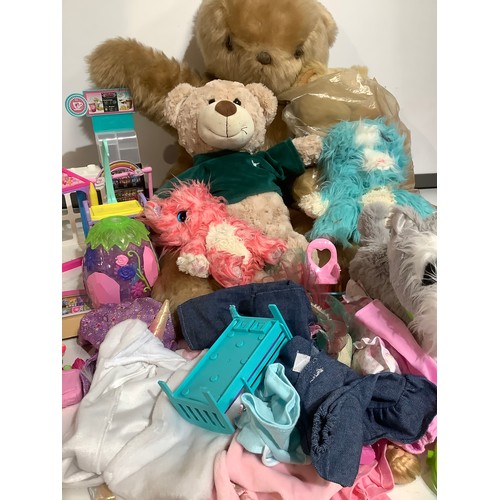 225 - Selection of children’s toys and books to include large fluffy teddies Chelsea dolls caravan and chi... 