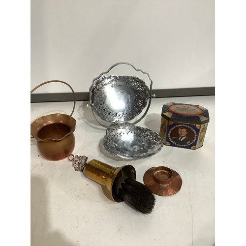 414 - Mixed metal items including Bon Bon tray, copper caldron, brass fire brush  retro tin depicting the ... 