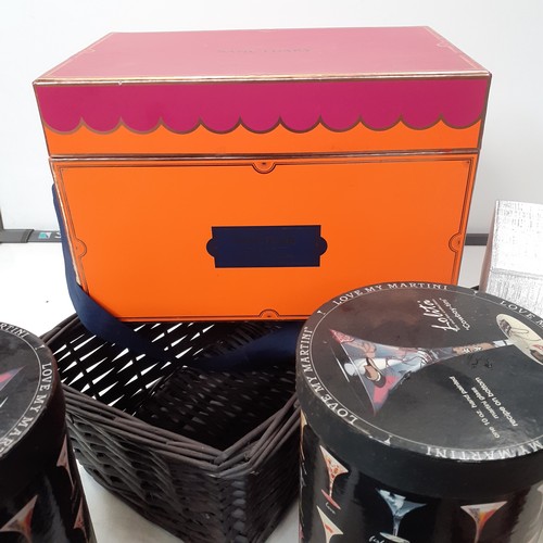 14 - Quantity of storage boxes and baskets. Very good quality lidded boxes, a wicker basket, a copper tro... 