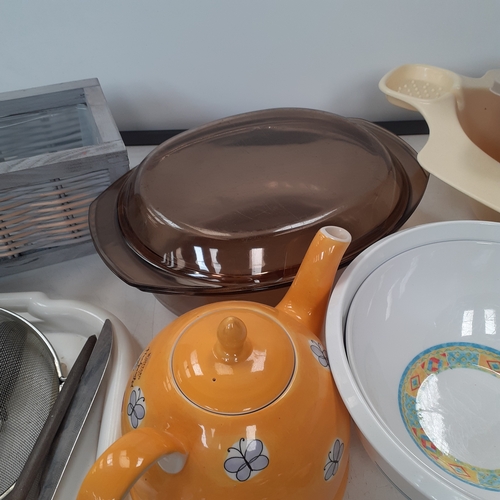 28 - Large mixed kitchen lot, including new storage containers (need a clean), wicker storage, baking tra... 