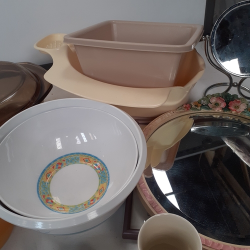 28 - Large mixed kitchen lot, including new storage containers (need a clean), wicker storage, baking tra... 