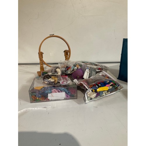 160 - Selection of embroidery silks and other haberdashery items and wooden embroidery hoop