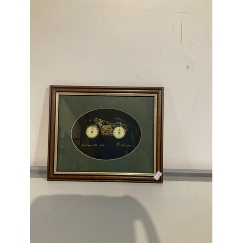 161 - framed and glazed motorbike made of clock faces, cogs and springs