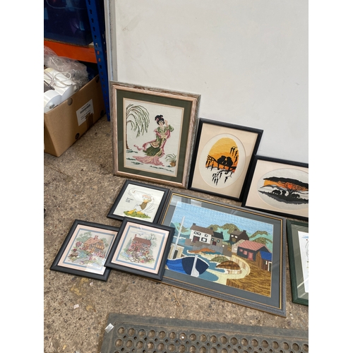 536 - Quantity of hand stitched framed tapestry samplers inc jungle book & Donald Duck