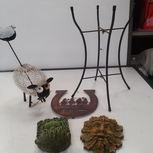 2 - Mixed lot of garden ornaments. Includes stoneware green man wall plaque and stoneware green man wall... 