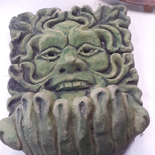 2 - Mixed lot of garden ornaments. Includes stoneware green man wall plaque and stoneware green man wall... 