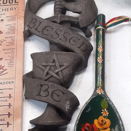 6 - Mystical and witch items. Some more have been added since picture. Includes a tin plaque, two candle... 